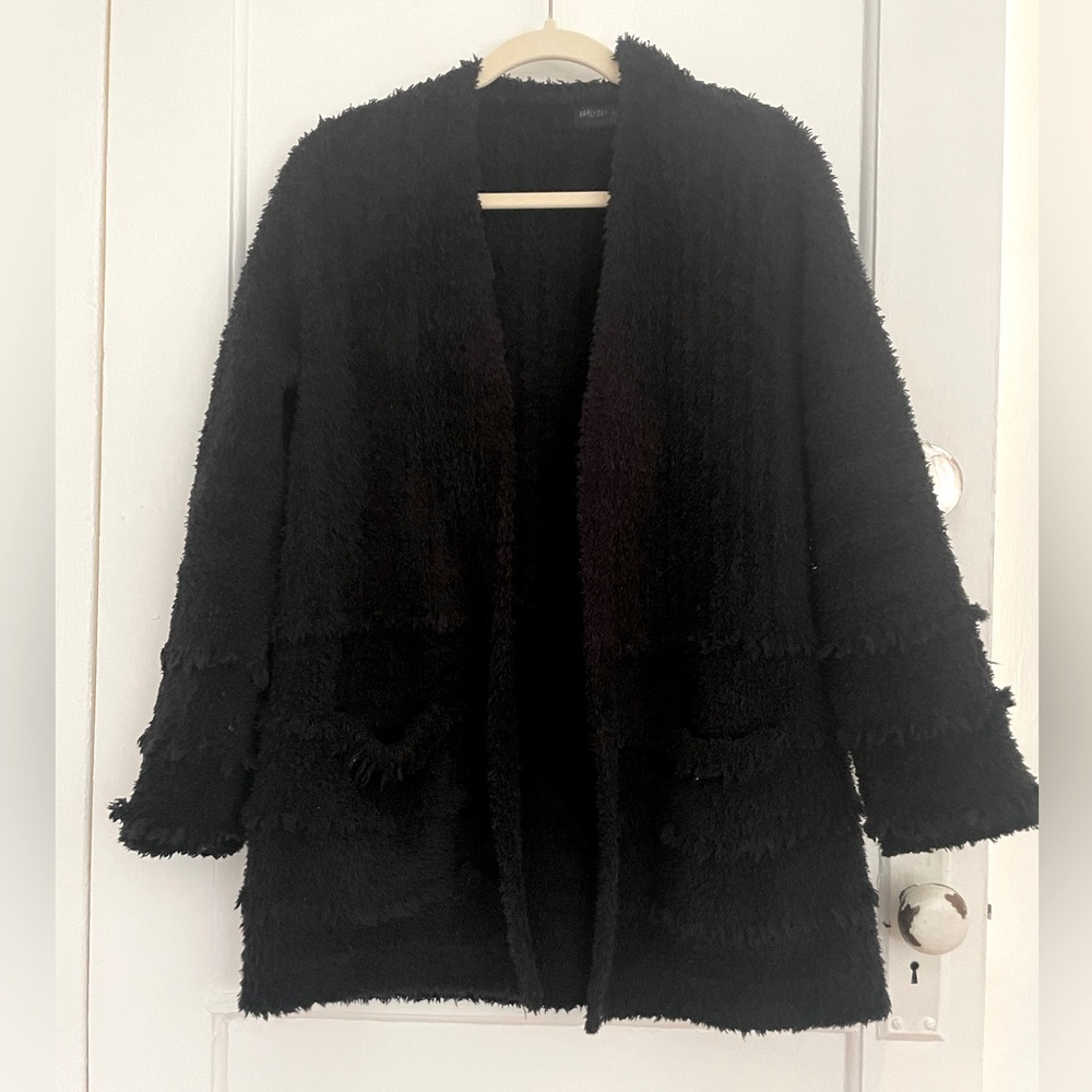 Barefoot Dreams cozy chic cardigan. Size small. Black with fringe detail.